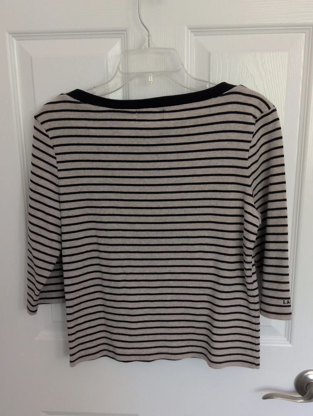 Lauren Ralph Lauren Oatmeal & Black Striped 3/4 Sleeve Boat Neck Top - L